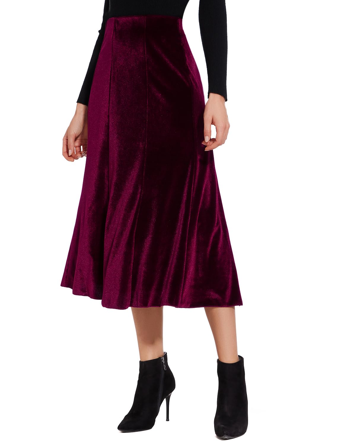 Women’s Elegant Vintage Velvet Midi Skirt Flowy 8-Panel Design