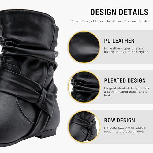 Women's Slouch Ankle Boots, Flat Low Heel Side Zip Booties 939A