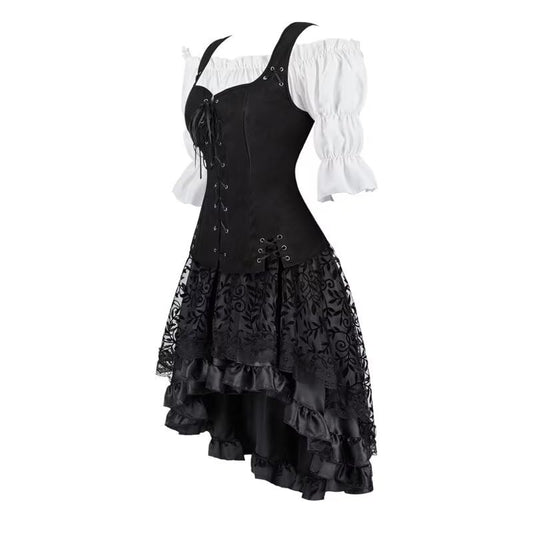 Renaissance Costume Women Set Pirate Vest Shirt Medieval Chemise Dress Peasant Tops Irish Under Dress