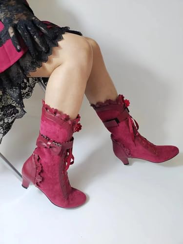 Women Victorian Boots Chunky Heels Lace up Cute Bow Knot Cosplay Costumes Witch Medieval Renaissance Mid-Calf Goth Boots Vintage Gothic Character Dance Kawaii Lolita Shoes