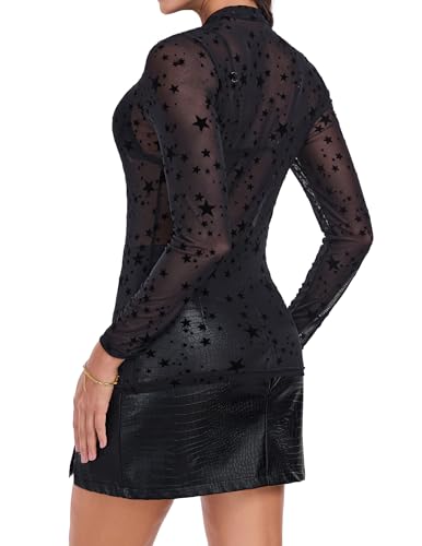 Mesh Top for Women Long Sleeve See Through Mesh Shirt Sheer Blouse Clubwear