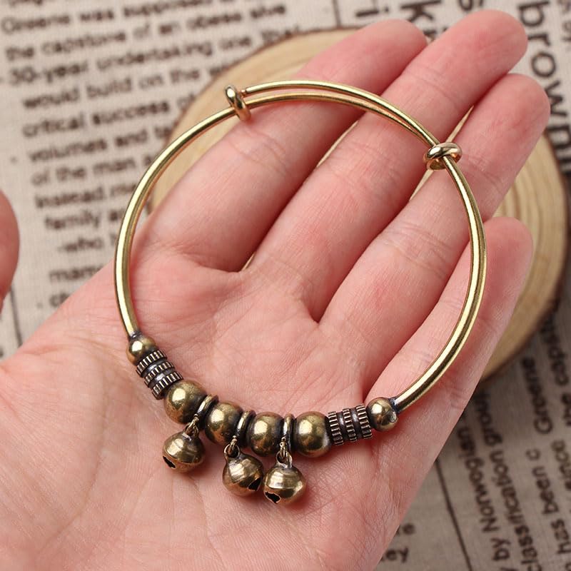2Pcs Vintage Copper Retro Bell Bracelet Intricately Crafted with Timeless Design Adjustable Push-Pull Mechanism for Men Women