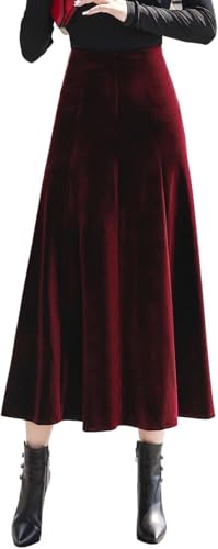 Women's High Waist Pleated Velvet Skirt Casual Slim Flowy Swing A-line Midi Skirts with Pockets Main image