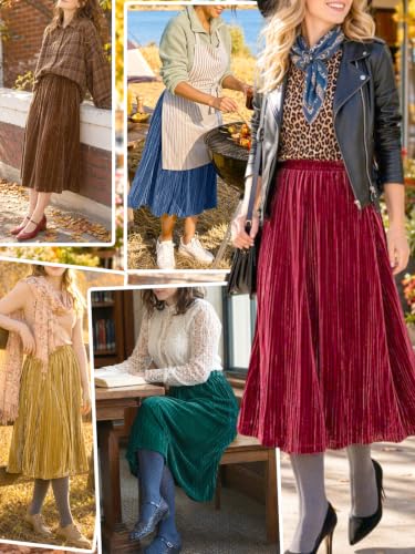 Women Velvet Midi Skirt Elastic A-Line Swing Skirts Christmas Wedding Formal Holiday Wear Fall Winter Outfits