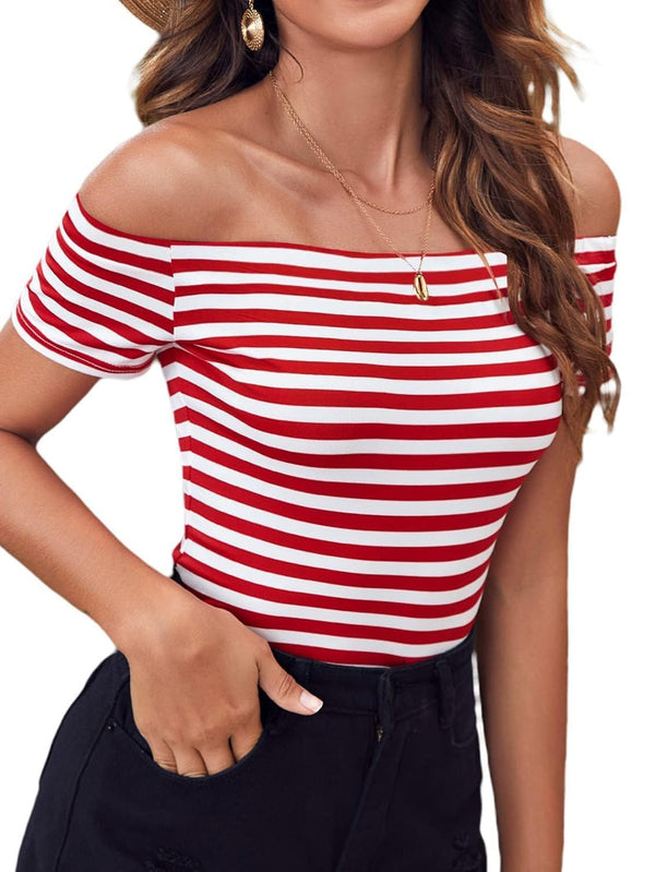 LilyCoco Off The Shoulder Tops for Women Striped Short Sleeve Sexy Going Out Top