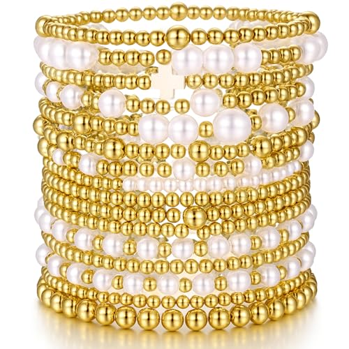 Gold Plated Bead & Pearl Bracelets for Women, 16PC Stackable Stretch Set