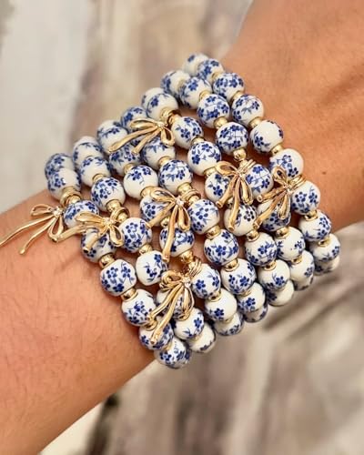 Beaded Bracelets for Women,Bow Charm Blue Flower Gold Plated Jewelry Women