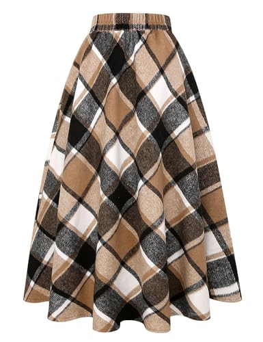 Long Plaid Wool Skirt for Womens Winter Fall Warm High Elastic Waist A line Flared Pleated Wool Tartan Skirts