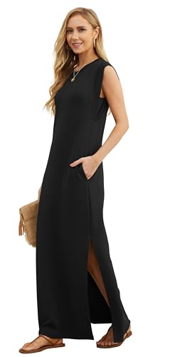 GRECERELLE 2026 Women Year-Round Casual Round Neck Loose Split Wrinkle-Free Long Maxi Vacation Dress with Pockets (XXS-4XL)