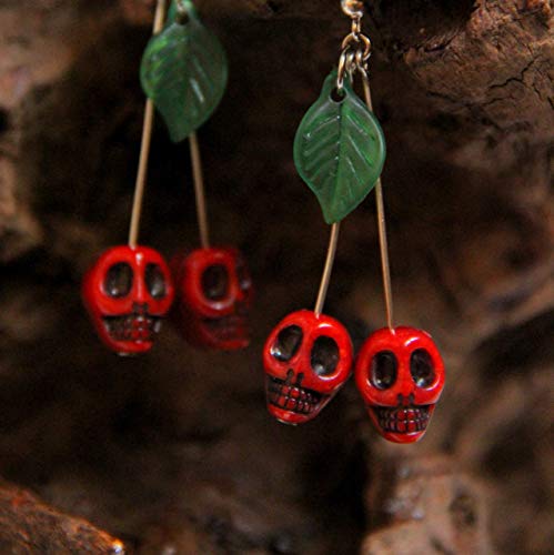 Handmade Gothic Red Skull Cherry Dangle Earrings 2.2 inches Medium Halloween Pinup Quirky Funky Earrings