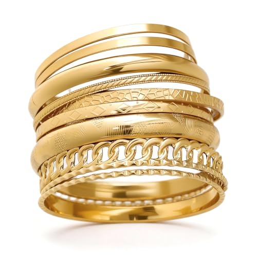 Gold Bangle Bracelets for Women, Indian Bangles Stackable Set, Multi Layer Textured 18K Gold Plated Chunky Bracelets Boho Jewelrys Set
