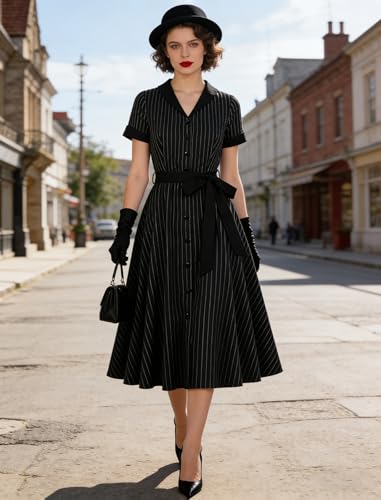 Women's 1950s Retro Striped Dress - Vintage Collared Button Down A Line Swing Dress with Removable Belt for Commuting