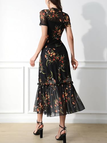 GothDark Women's Summer Floral Mesh Ruffle Casual Maxi Wedding Guest Dress
