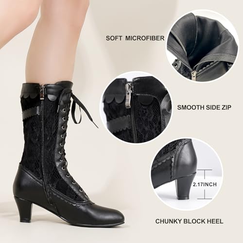 Women Vintage Victorian Boots Lace Mid Calf Granny Boots Zipper Costume Renaissance Shoes Mid Heel Wedding Dress Boots with Bows