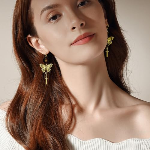 Whimsy Goth Moon & Star Butterfly Drop Earrings Whimsical Jewelry