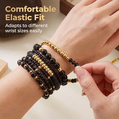 Bohemian Stackable Beaded Bracelets for Women, Multilayer Stretch Bead Bracelet Set, Vintage Boho Stacking Bracelets, Bohemian Jewelry Gifts for Women (Black)