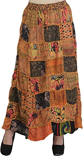 Exotic India Long Printed Dori Skirt from Gujarat with Patch Work - Rayon