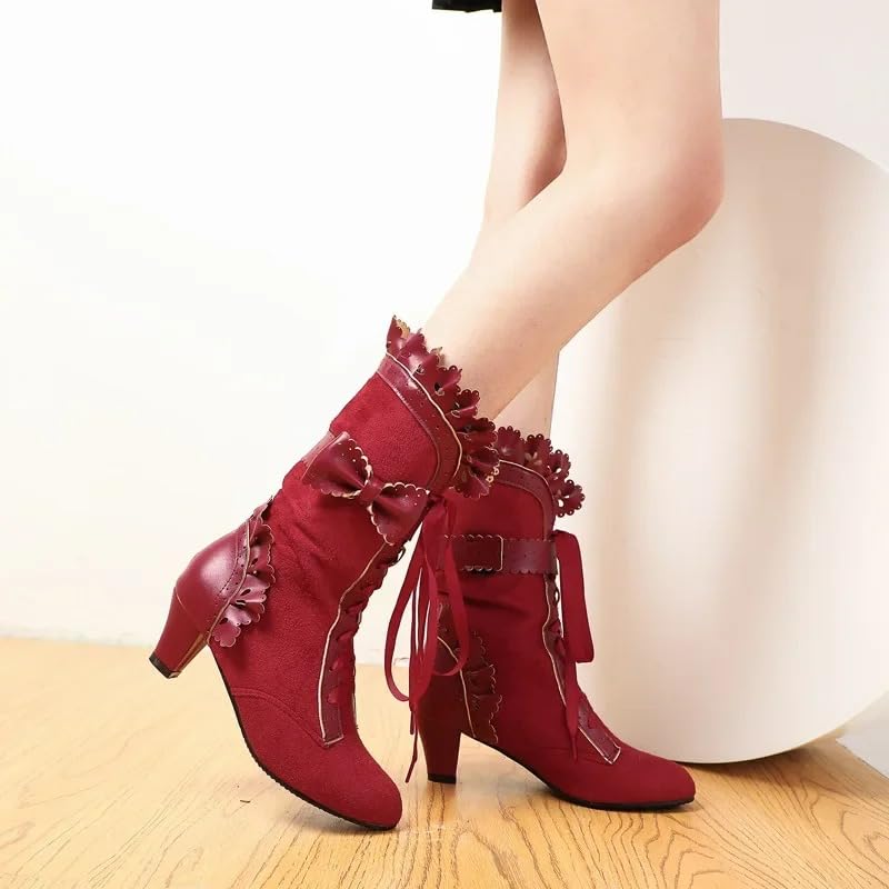 Women Victorian Boots Chunky Heels Lace up Cute Bow Knot Cosplay Costumes Witch Medieval Renaissance Mid-Calf Goth Boots Vintage Gothic Character Dance Kawaii Lolita Shoes