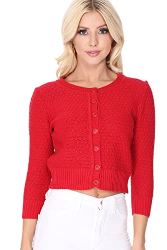 YEMAK Women's Cropped 3/4 Sleeve Crewneck Button-Down Cardigan Sweater