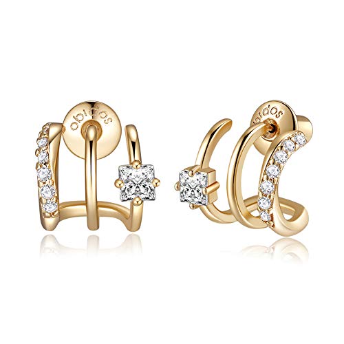 14K Gold Plated Illusion Stud Earrings for Women | Triple Huggie Hoop Earrings for One Hole| Trendy Simple Hypoallergenic Fashion Accessories Gold Main image
