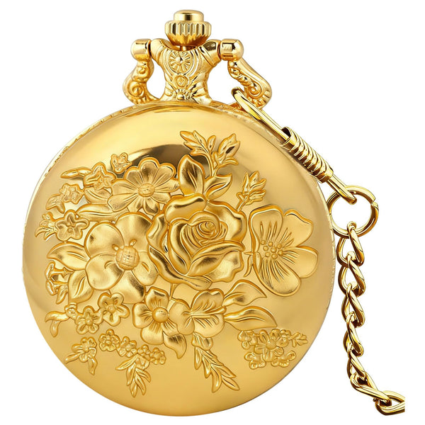 Vintage 3D Flower Quartz Pocket Watch with Chain