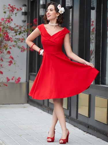 MUXXN Women's 1950s Retro Vintage Sleeveless V Neck Midi Cocktail Swing Dress