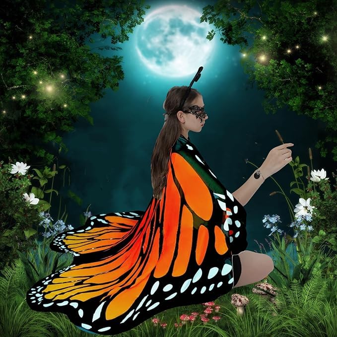 Sunlisky Adult Butterfly Costume Women Monarch Butterfly Wings Cape Shawl Halloween 3Pcs Mask Headband
