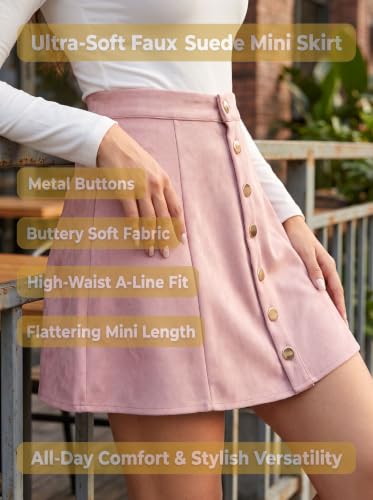 Fuinloth Women's Faux Suede Mini Skirt Button Front High Waist A-Line Flare