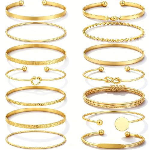 Gold Bangle Bracelets for Women, 14 Pcs Multi Layer Stackable Bangle Set, 14K Gold Plated Textured Chunky Bracelets Boho Jewelrys Set