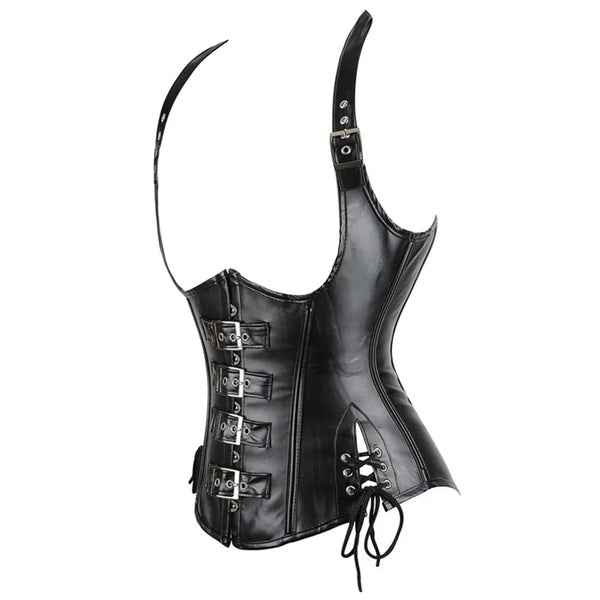 PU Leather Halter Corset Bustier with Lace-Up Back