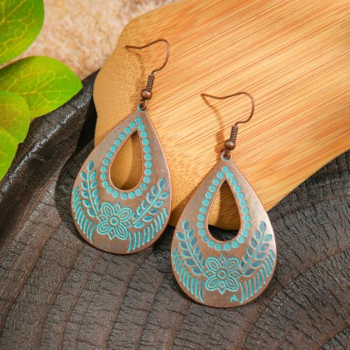 Vintage Bronze Turquoise Engraved Flower Earrings