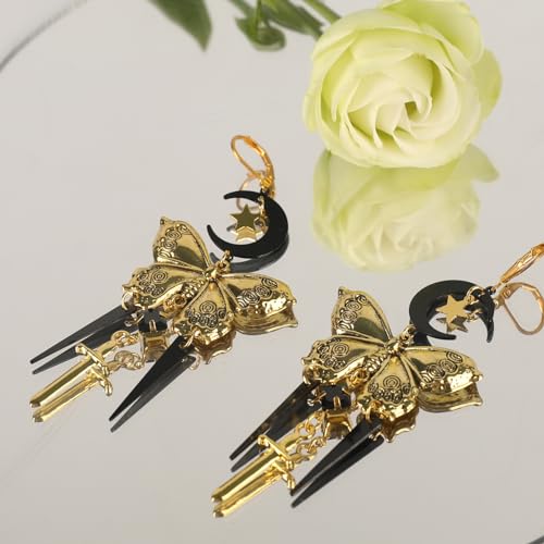 Whimsy Goth Moon & Star Butterfly Drop Earrings Whimsical Jewelry