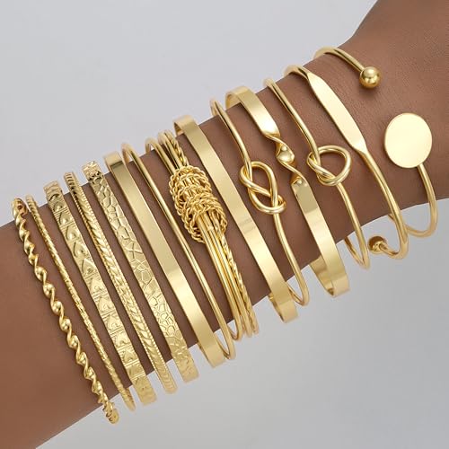 Gold Bangle Bracelets for Women, 14 Pcs Multi Layer Stackable Bangle Set, 14K Gold Plated Textured Chunky Bracelets Boho Jewelrys Set