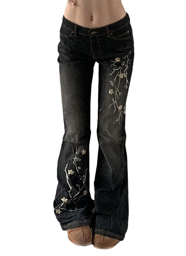 Women Bell Bottom Jeans Stretchy Flare Mid Rise Embroidery Vintage