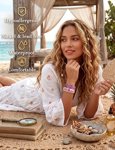 6 Sets Bohemian Stackable Bead Bracelets for Women Stretch Bohemian Style Stretch Multilayered Boho Bracelet Set