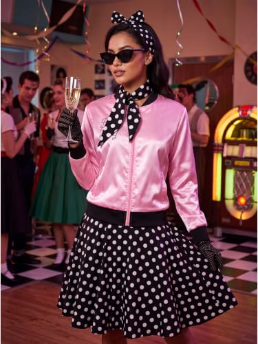 AOTHSO 1950s Pink Satin Jacket with Polka Dot Scarf Headband Earrings Glasses Halloween Cosplay Costume for Women, 8 Pieces
