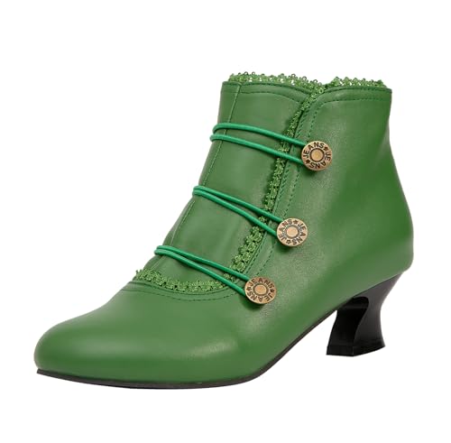 Women's Ankle Boots Low Heels Lace Buttons Round Toe Side Zipper Vintage Short Boots Autumn Winter