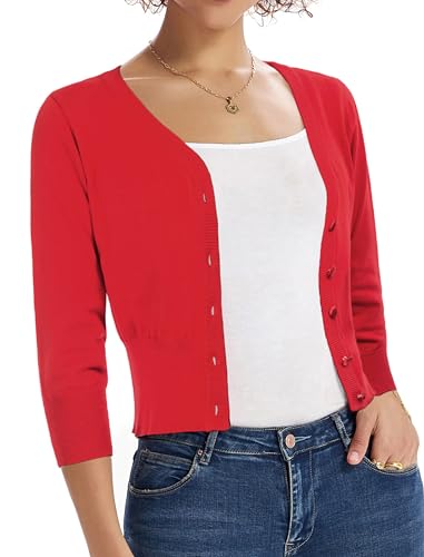 Women's 3/4 Sleeve Cropped Cardigan Shrug — Button-Down Sweater