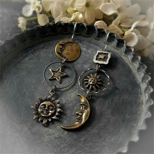 Vintage Sun Moon Star Asymmetric Drop Earrings
