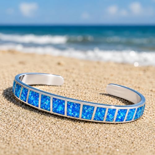 Blue Fire Opal Cuff Bracelet for Women – Turquoise & Lapis Style Silver Bangle, Adjustable Boho Southwestern Jewelry Gift