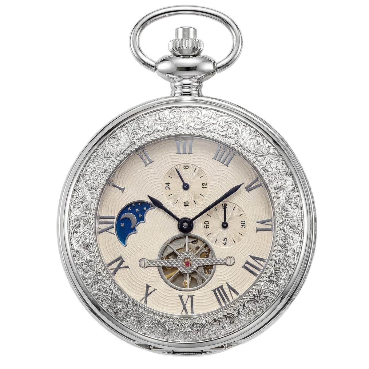 Mechanical Pocket Watch for Men — Antique Silver Wind-Up with Chain