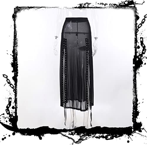 Goth Double Slit Maxi Skirt for Women Punk Black See Through Sheer Mesh Long Split Skirts
