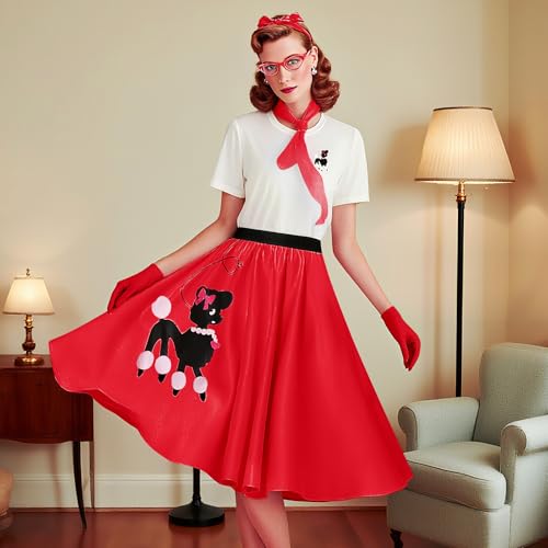 1950s Poodle Skirt Costume 8Pcs Vintage Sock Hop Outfit with T-Shirt, Scarf for Halloween, Retro Parties, Cosplay