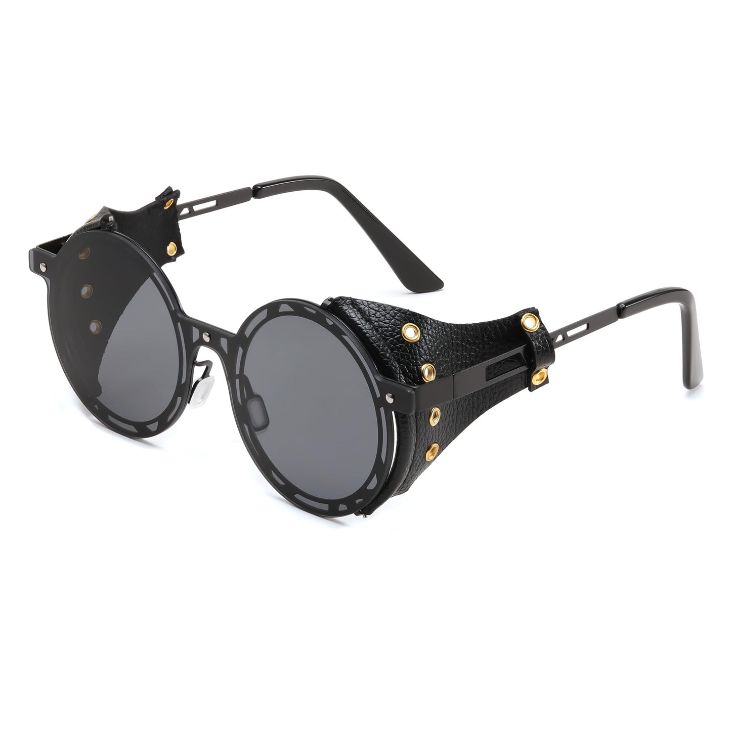 Retro Round Metal & Leather Steampunk Sunglasses