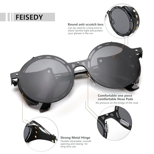 Retro Round Metal & Leather Steampunk Sunglasses