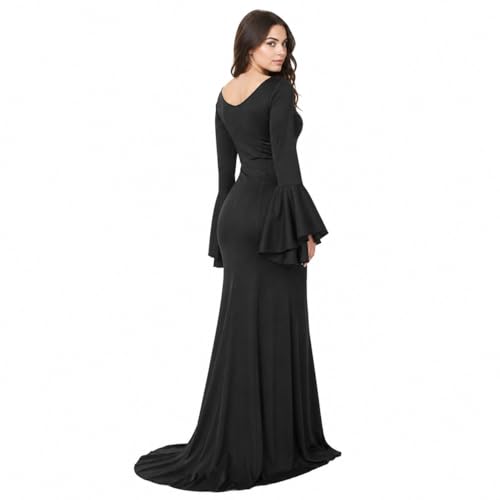 JEGERMIG Black Gothic Maxi Dress, V-Neck Flared Sleeves Halloween Costume