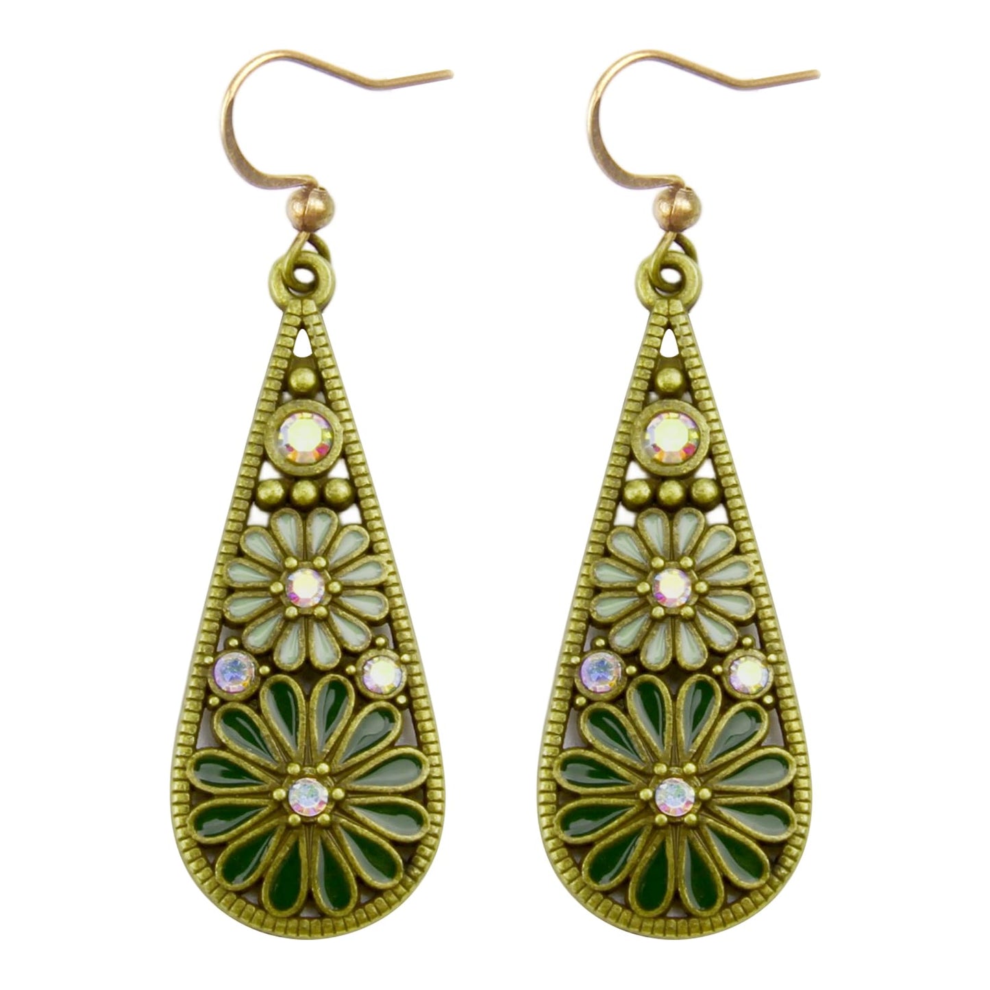 Olive Green Crystal Teardrop Floral Boho Earrings