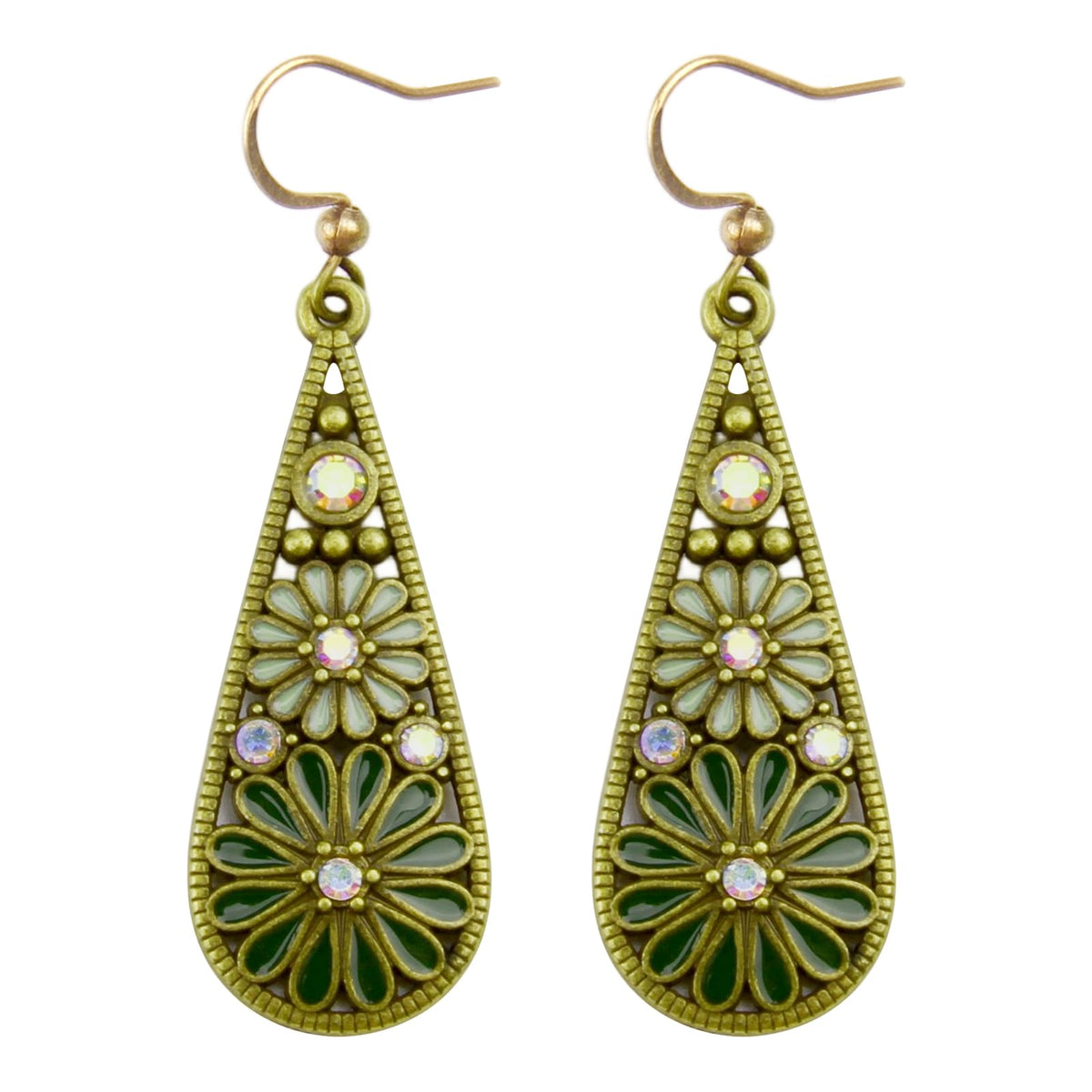 Olive Green Crystal Teardrop Floral Boho Earrings