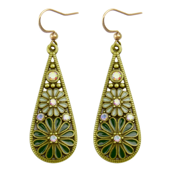 Olive Green Crystal Teardrop Floral Boho Earrings
