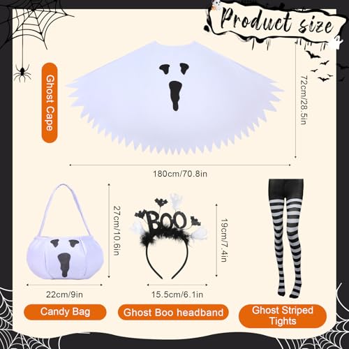 4 PCS Halloween Costume Set for Women 2026 Adult Ghost Costume, Ghost Poncho, Candy bag Headband and Nylon Striped Tights for Halloween Cosplay Party